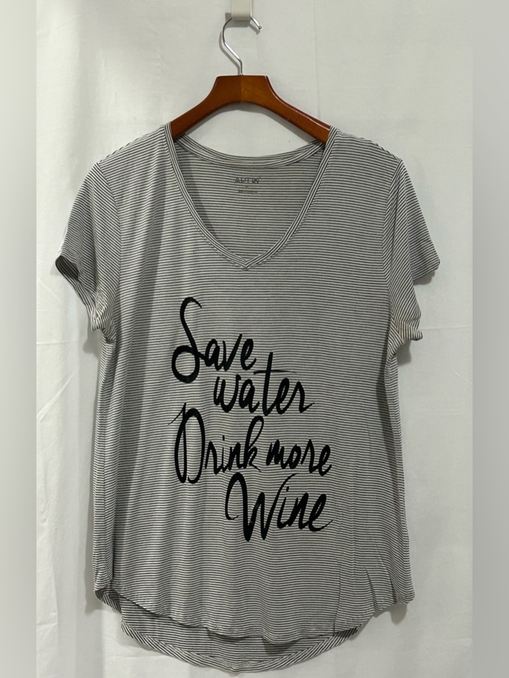 Apt. 9 - Gray Striped V-Neck Tee with Black Script